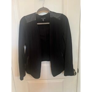EILEEN FISHER Black Stretch Viscose Ponte Leather Trim Angle Front Jacket SIZE S
